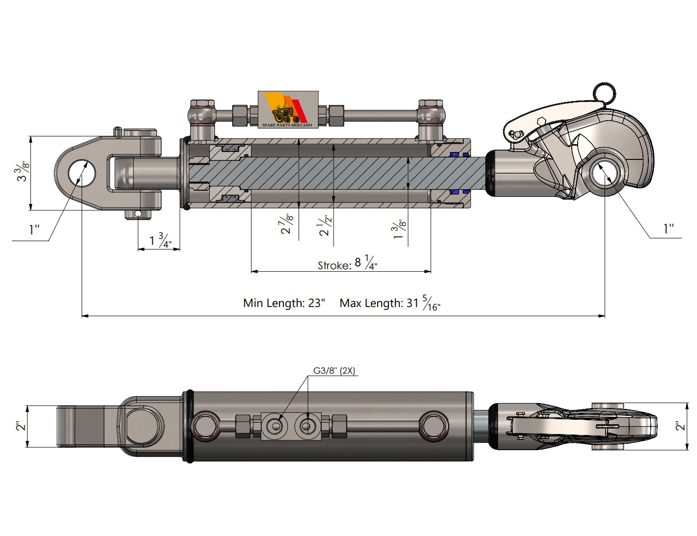Hydraulische Topstang Cat 2 (585 - 795 mm) met Vanghaak, Terugslagklep en Gaffelkop - Slag 210 - Afbeelding 3