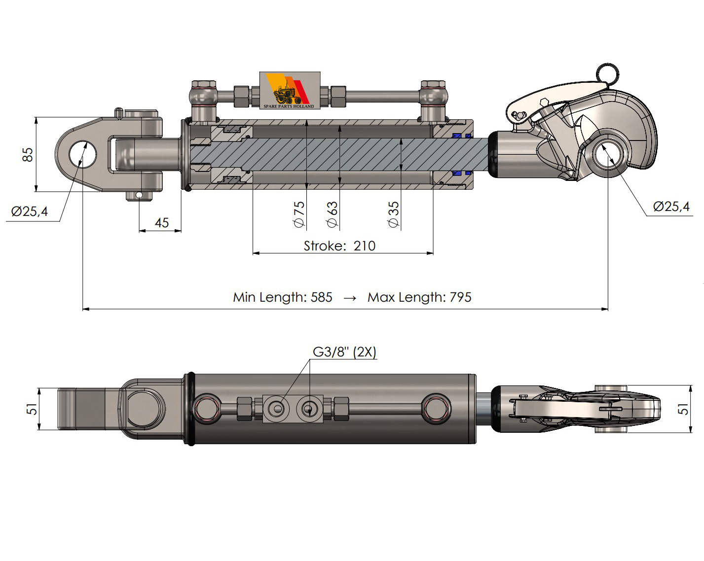 Hydraulische Topstang Cat 2 (585 - 795 mm) met Vanghaak, Terugslagklep en Gaffelkop - Slag 210 - Afbeelding 4