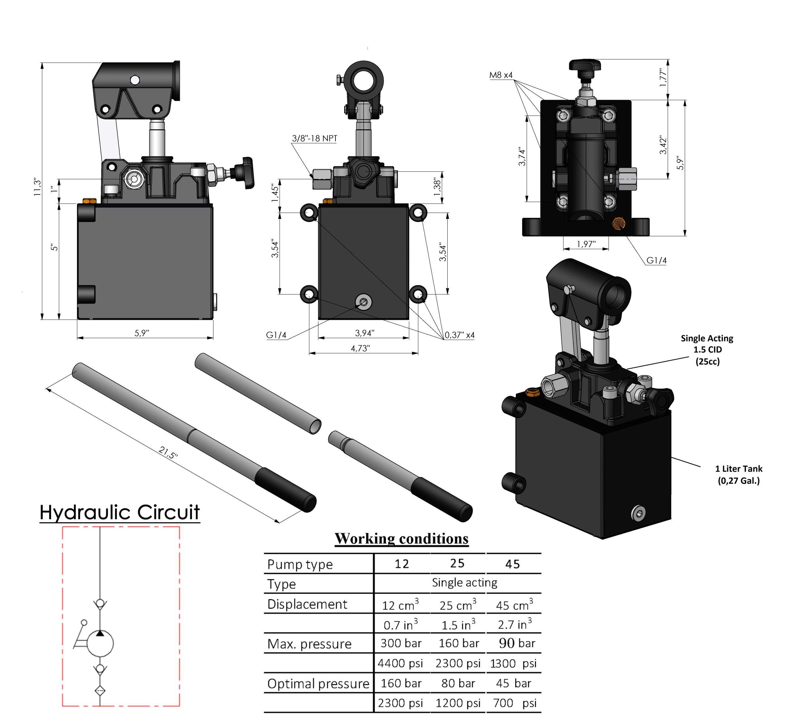 Single & Double Acting Hydraulic Piston Hand Pump with Release Knob, Hand Operated Hydraulic Pump 3/8" NPTF Ports – Image 2