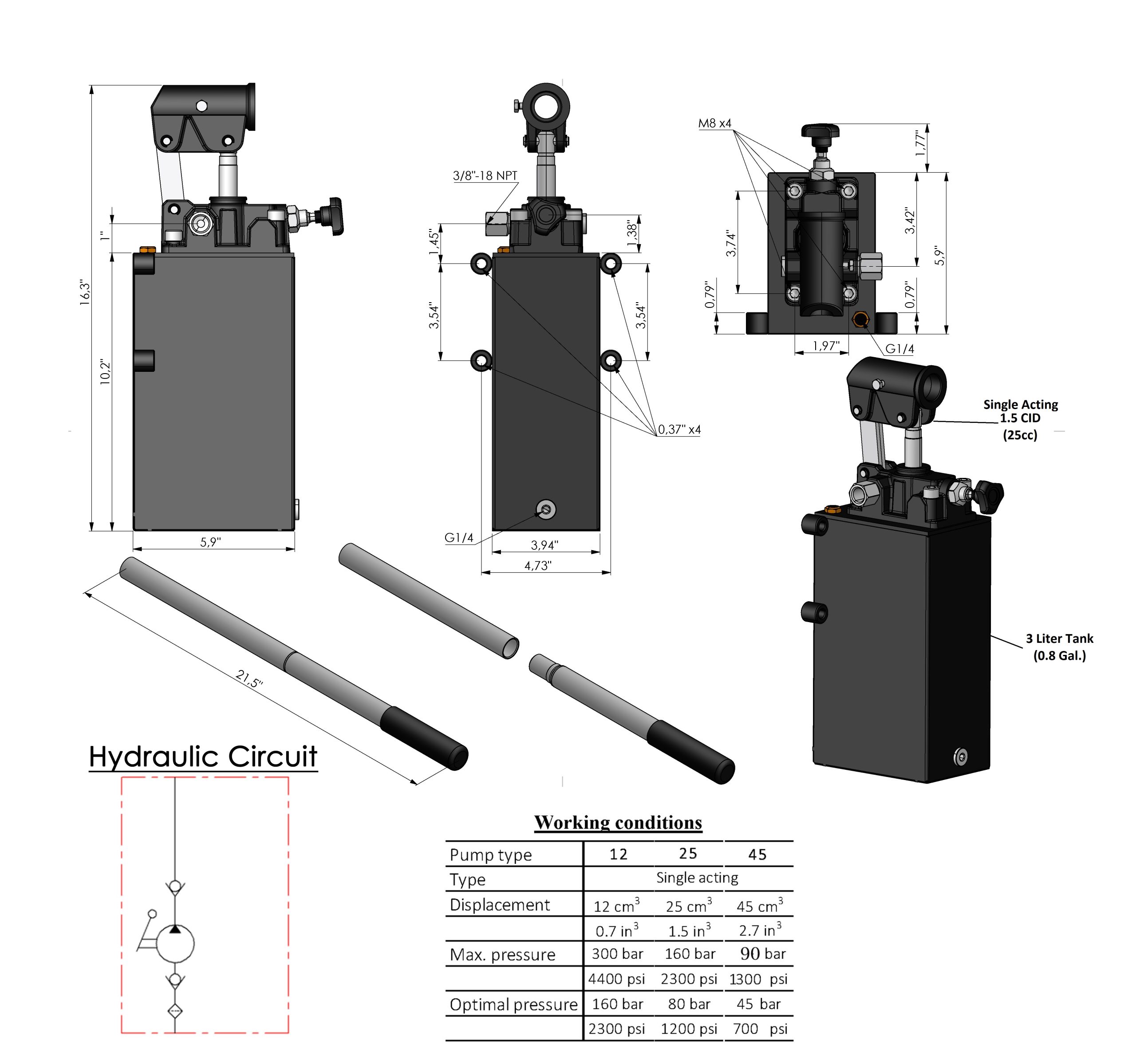 Single & Double Acting Hydraulic Piston Hand Pump with Release Knob, Hand Operated Hydraulic Pump 3/8" NPTF Ports – Image 3